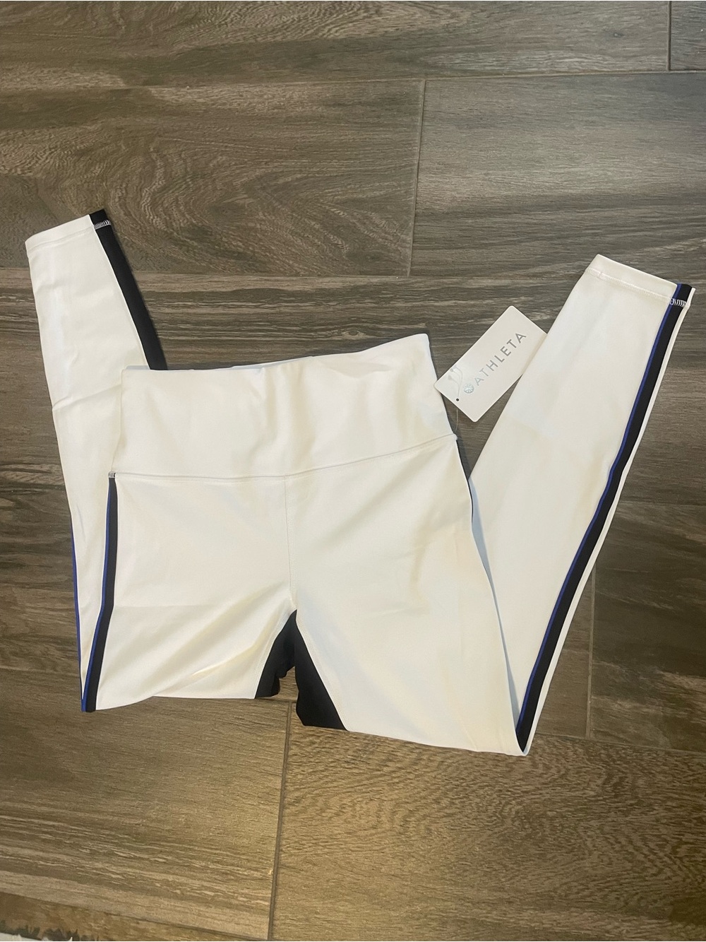 Athleta White Leggings with Navy and Black Side Stripes